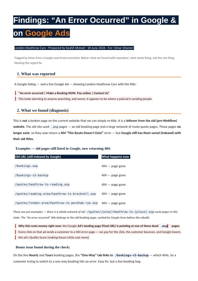 Findings report — Google Ads error diagnosis
